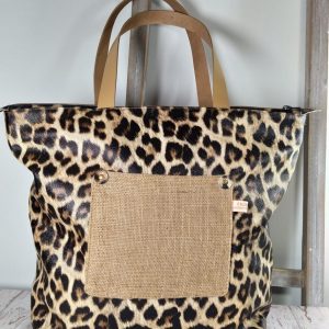 sac léopard et toile de jute avec anses en cuir