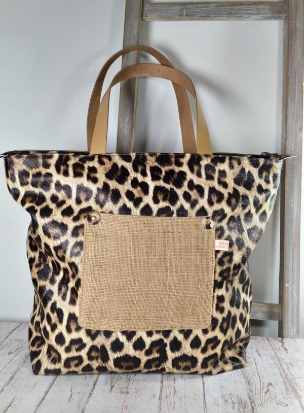 sac léopard et toile de jute avec anses en cuir