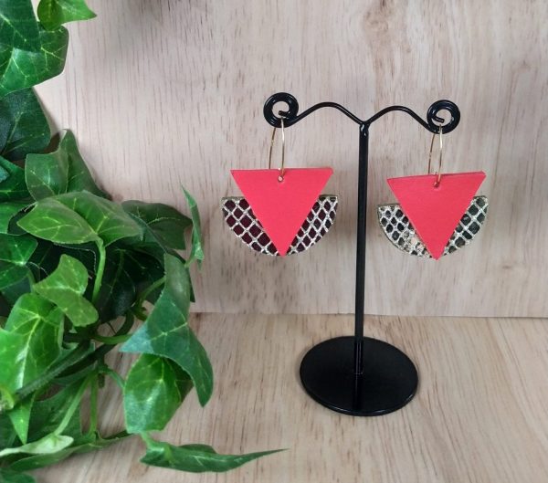 boucles d'oreilles en cuir bicolore rouge et or